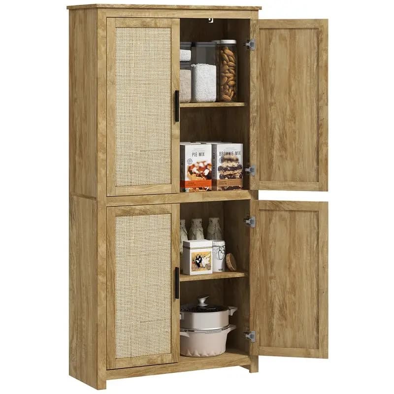 Armadietto da cucina in rattan da 64" con ripiano regolabile, finitura in legno naturale, organizer versatile per cucina e sala da pranzo