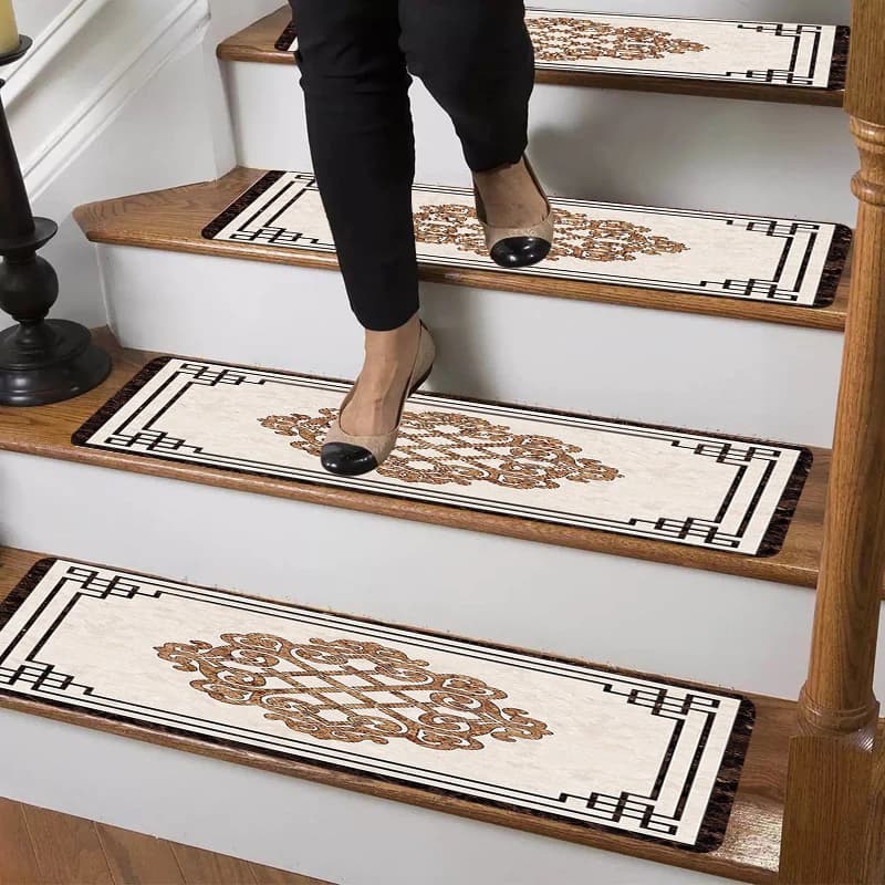 Tappetini Antiscivolo per Scale in Legno con Motivo Vintage Blu e Marrone, Autoadesivi, 4/7/15 Pezzi