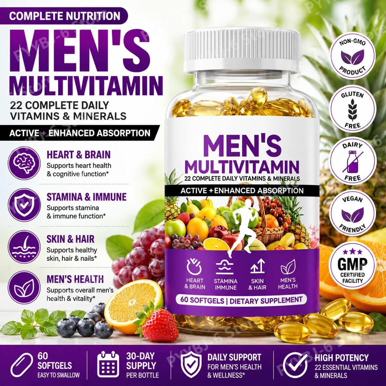 Integratore Multivitaminico per Uomini in Capsule Morbide, 22 Vitamine e Minerali Completi con Licopene, Alta Assorbenza, 60 Capsule