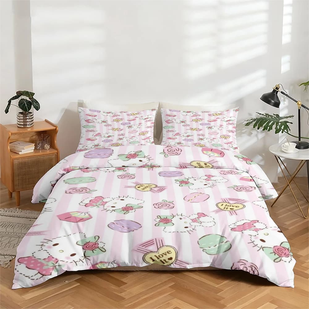 Digitally high-definition printed sheets set in 3 pieces, with large flower print Hello Kitty, includes 1 sheet with corners + 2 pillowcase, suitable for bedroom, guest room, home decoration, bed linen with polyester fibre corners + pillowcase, ultra soft bed linen, thick fabric, comfortable for all seasons, washable in washing machine.