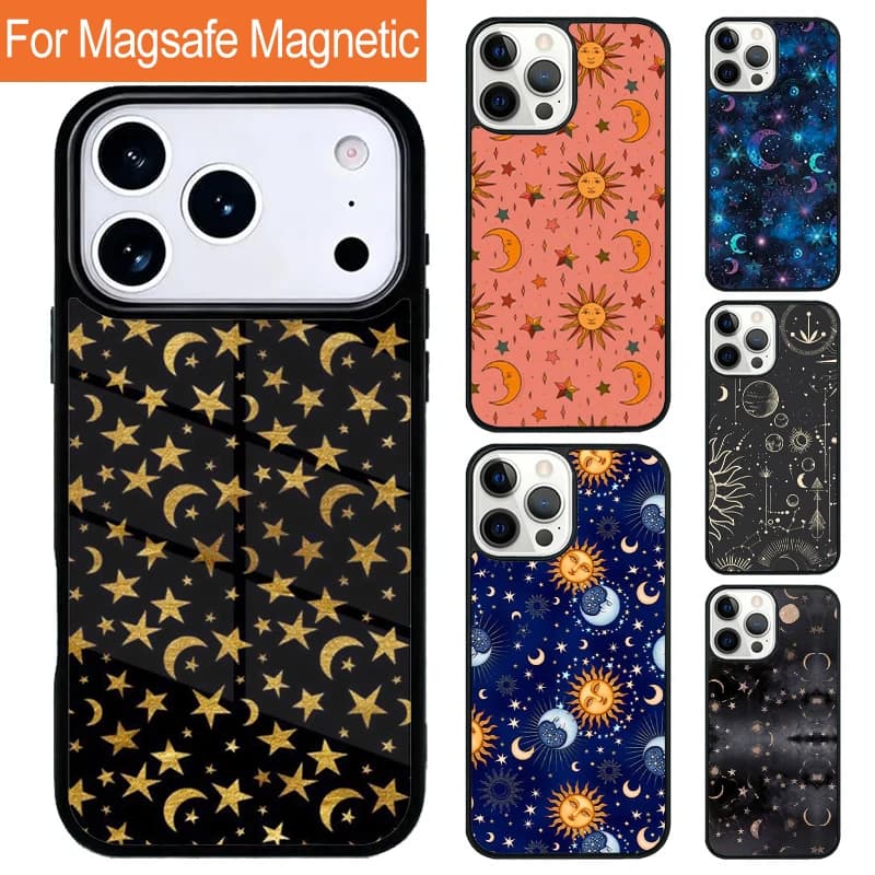 Custodia Magnetica Wireless Morbida Sun And Moon Star per iPhone 17 Pro 16 15 13 12 11 Pro Max Air 14 Plus con Cover Magsafe