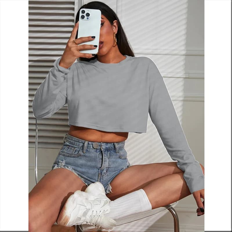 Women Crop Top T-Shirts Solid Thin Loose Fit Crewneck Drop-shoulder Sleeve Top Tshirts Yoga Base Tees Party Club Street Outfit