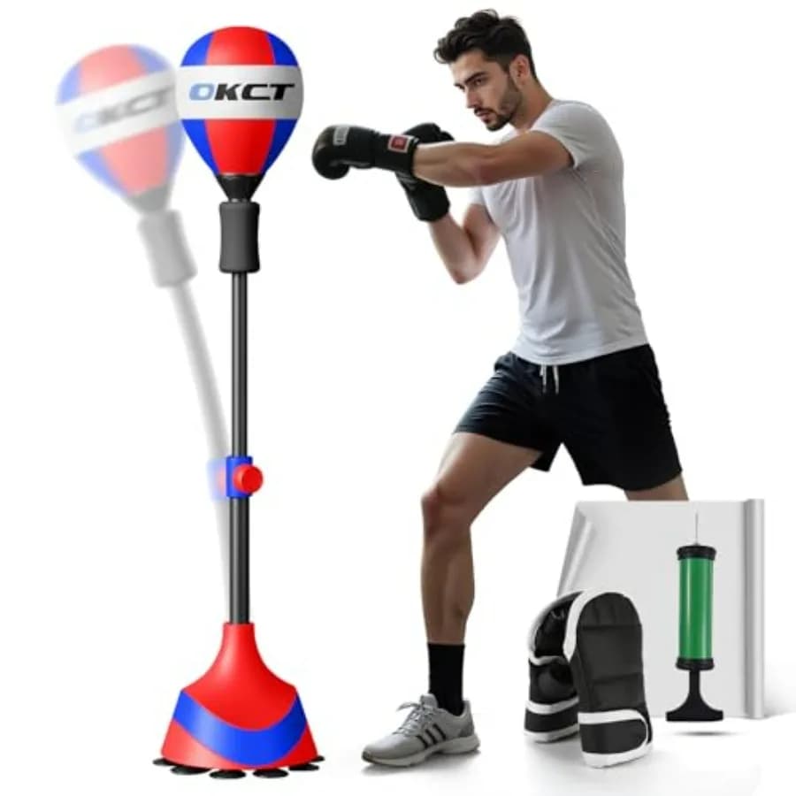 Sacco da Boxe Regolabile in Altezza con Telaio in Acciaio Rinforzato, Palla da Boxe Reflex per Palestra Domestica, Include Tappetino, Guanti e Pompa