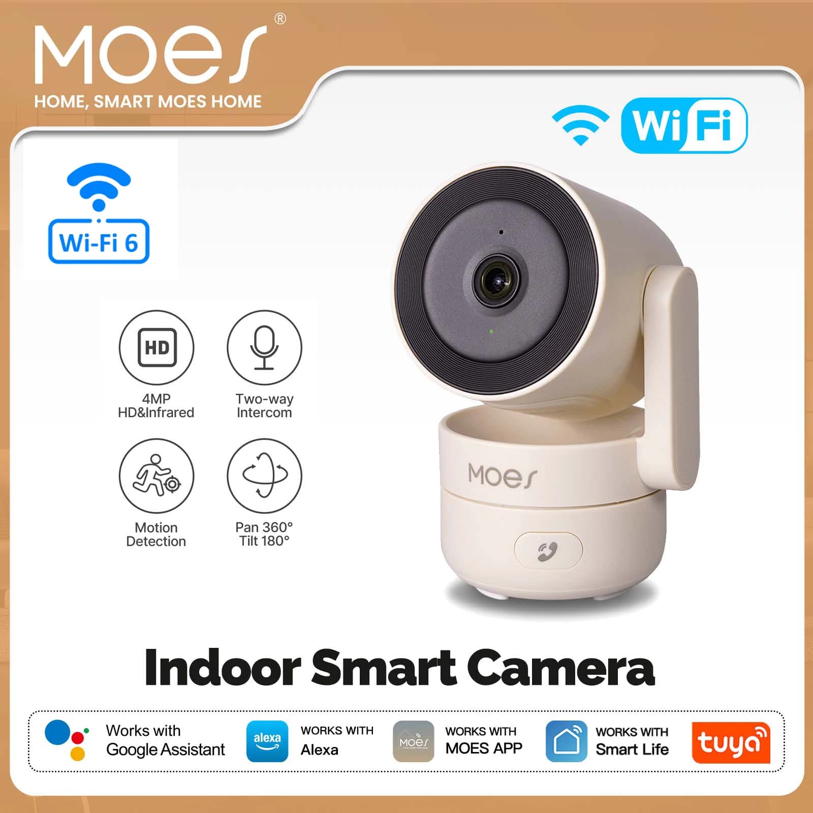 MOES Tuya Wi-Fi 6 Smart Indoor 4MP HD Telecamera di sicurezza Pan/Tilt Monitoraggio del movimento e rilevamento del suono Monitor per visione notturna a infrarossi