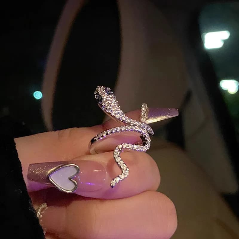 2026 New Silver Pave Cubic Zirconia Snake Ring Adjustable Open Wrap Serpent Finger Ring Punk Gothic Animal Crystal Statement Rings Women Trendy Party Jewelry Gift