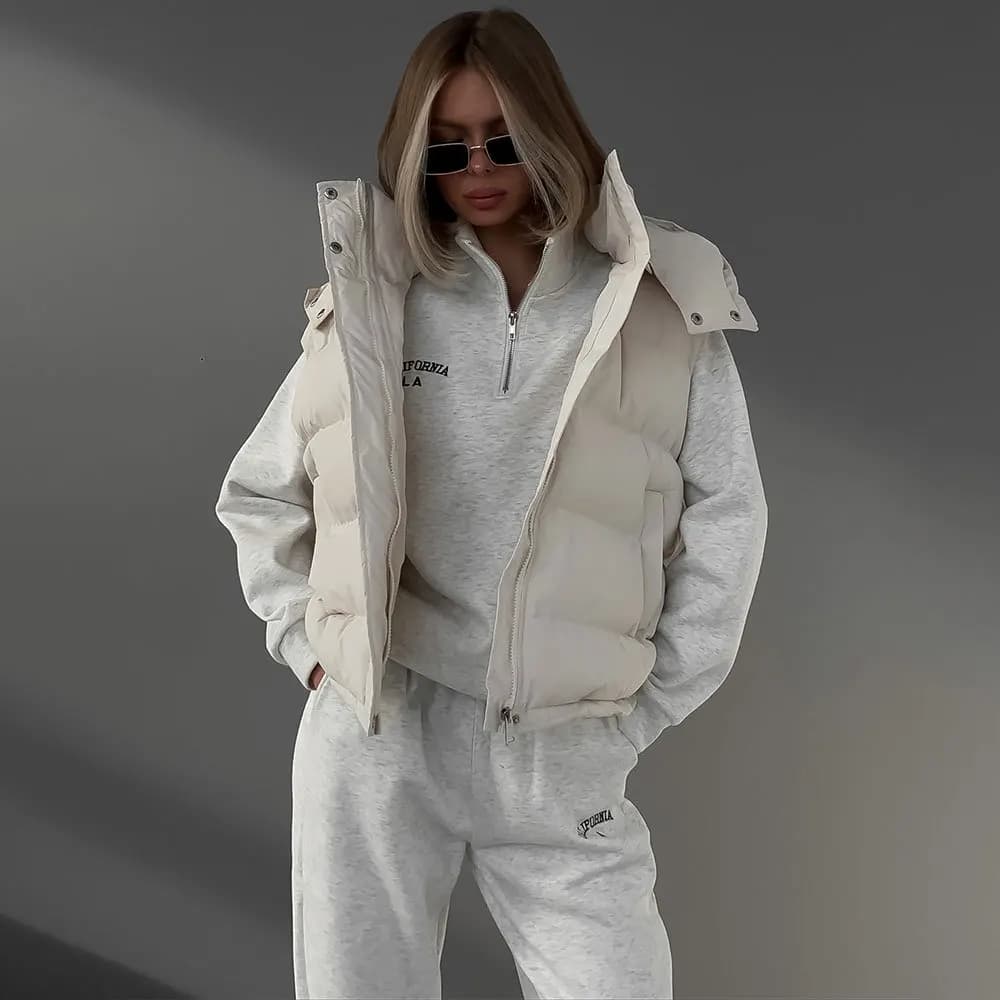 Gilet in cotone Giacca senza maniche Cappotto imbottito Parka con cappuccio da donna Caldo bottone coperto Cerniera Streetwear Gilet autunno inverno