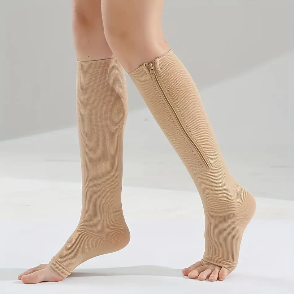 Skin Tone Zipper Compression Socks Open Toe Elastic Leg Support Anti Fatigue Swelling Stockings Flight Nurse Running Fitness Dai