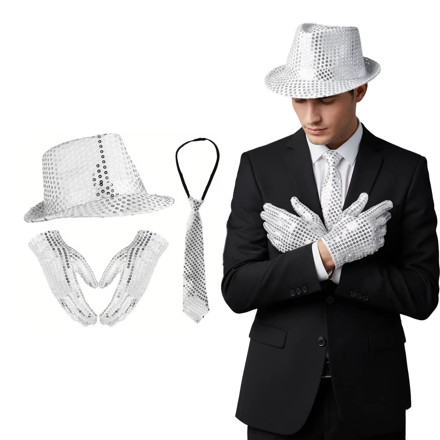 PESENAR abbigliamento da uomo Dress-up Collezione Disco Ball cappello con paillettes guanti cravatta 3 pezzi