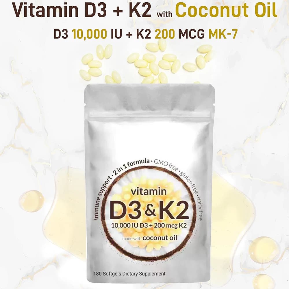 Vitamin D3 K2 10000 IU 300 soft coconut oil capsules, vitamin supplement 2 in 1 D&K (MK7) Supports calcium absorption, bone health