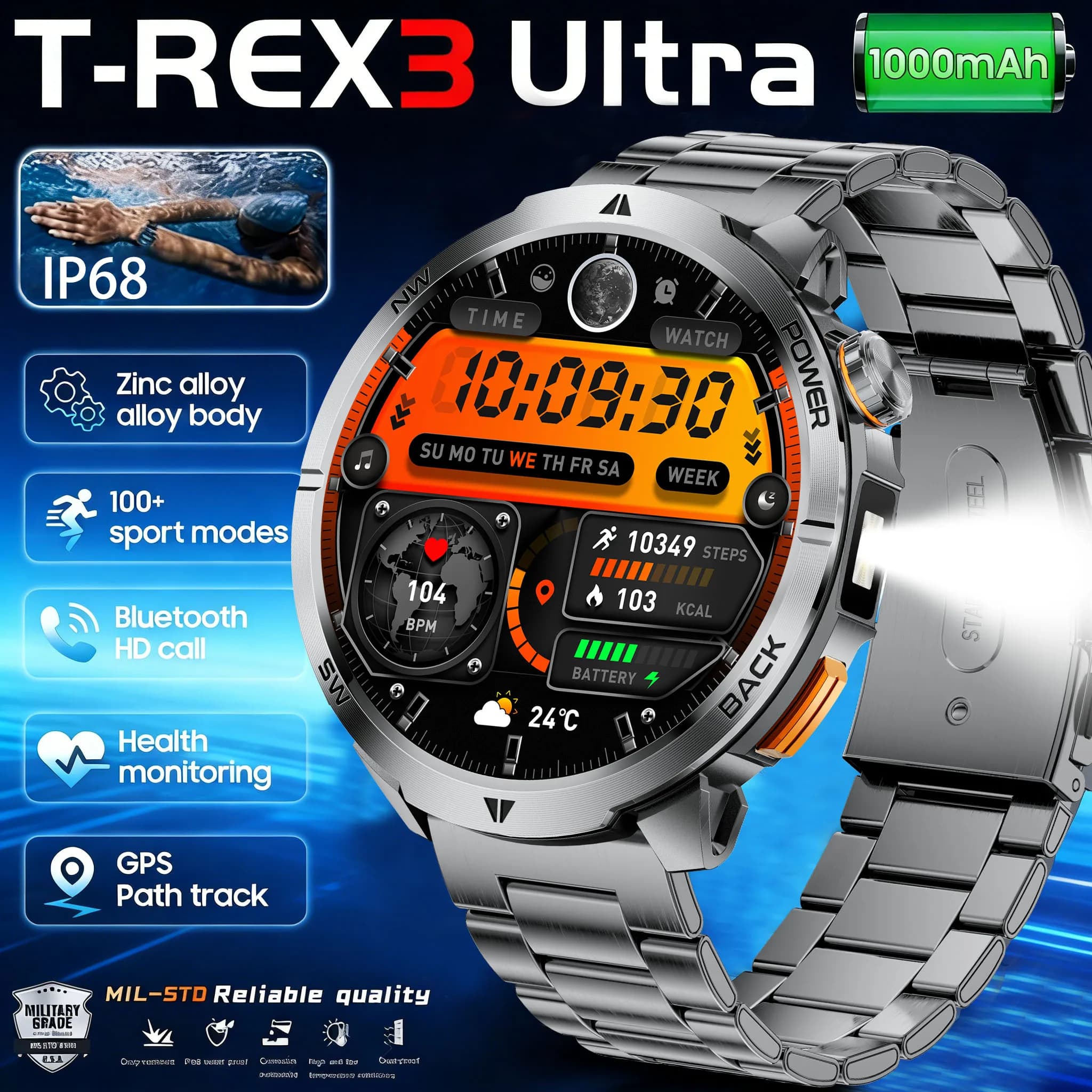 Nuovo Smartwatch Militare T-Rex3 Ultra 2026 da Uomo, 1000mAh, GPS, Bussola, Torcia LED, Impermeabile 5ATM, Display AMOLED da 1.7 Pollici, Compatibile iOS
