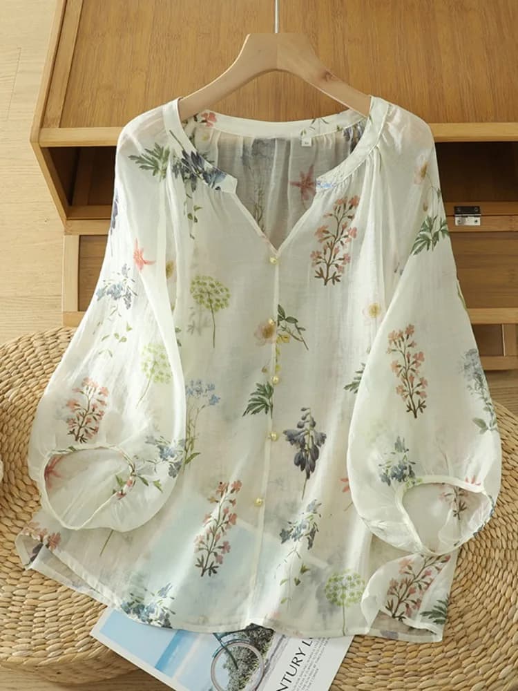 Camicia Floreale Leggera in Cotone e Lino da Donna, Top Estivo Ampio con Maniche a Lanterna, Taglie Forti, Scollo a V, Camicetta in Cotone e Lino