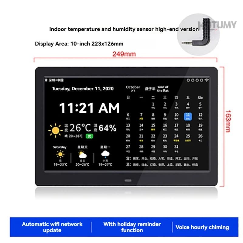 WiFi weather forecast, perpetual calendar, indoor and outdoor temperature and humidity, clock machine, digital photo frame