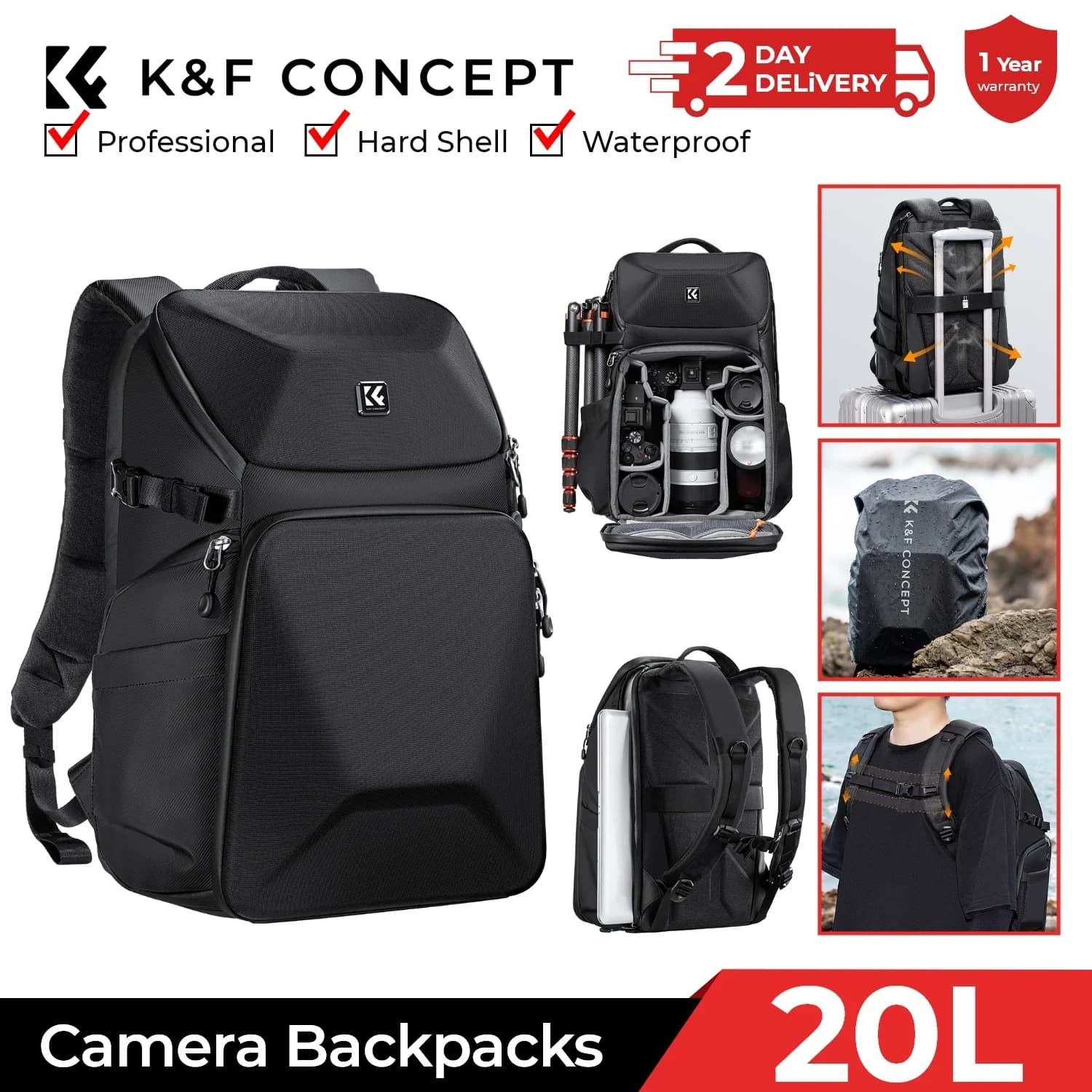 K&F photo backpack CONCEPT 20L waterproof with front rigid shell / 15.6 inch laptop compartment / tripod, shockproof photo bag