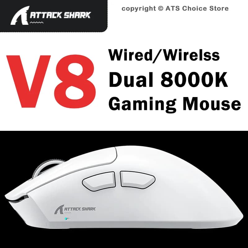 Mouse da gioco ATTACK SHARK V8 wireless e cablato, dual 8K, 42000 DPI, PAW3950MAX, ultraleggero, tri-mode, Bluetooth, cablato, per destrorsi, per giocatori