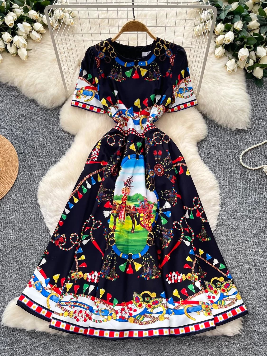 Elegante Abito Estivo da Donna con Stampa e Collo Rotondo, Maniche Corte, Vita Stretta, Vestito Midi a Linea A, Stile Etnico con Gonna Ampia