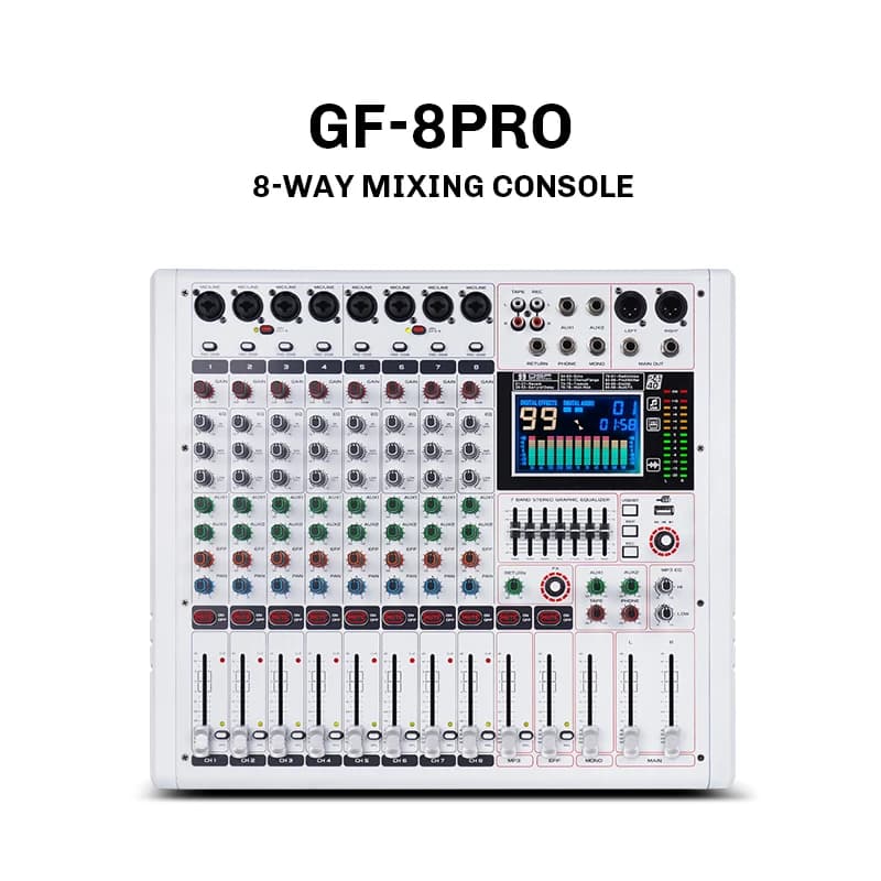 GF8 PRO 8-Channel DJ Console for Party Karaoke Audio Mixer | 7 Stage Equalizer, 99 Reverb Effects, LCD Color Screen, Independent Mute Function, Bluetooth & USB Playback