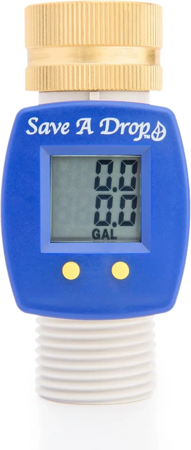 Misuratore di Flusso d'Acqua con Girevole in Ottone per Tubo da Giardino - Misura il Consumo in Galloni, Ideale per Campeggio e Risparmio Idrico