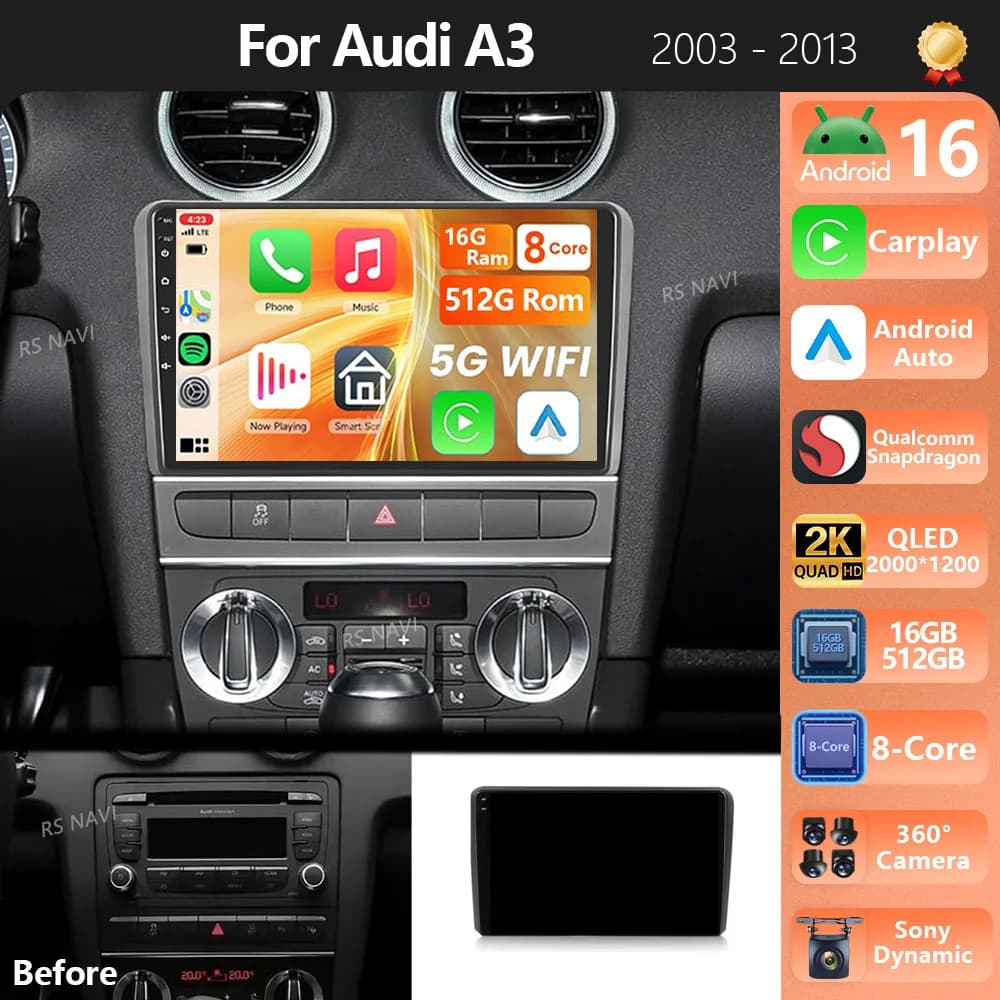 Plug and Play Android 15 Carplay Auto GPS Navigazione Radio Lettore multimediale per Audi A3 8P 2003 - 2013 video Stereo Autoradio