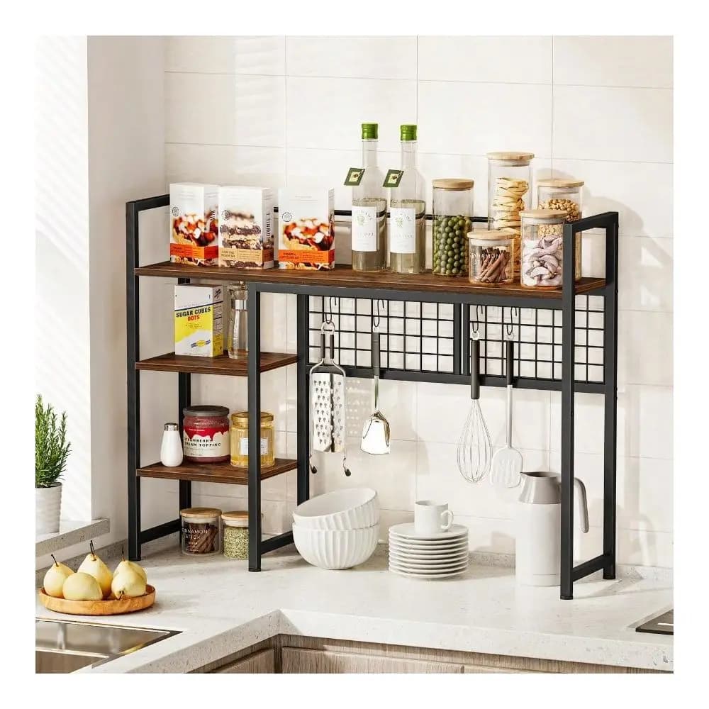 Scaffale organizer da scrivania 38.6 per monitor computer, scaffale espositivo a 4 livelli con ganci per pannello forato, set in legno per scrivania
