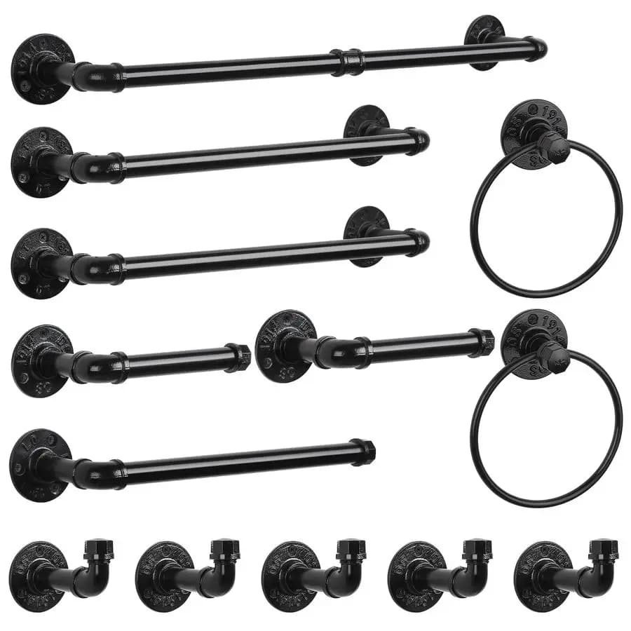 Set di Accessori per Bagno in Stile Industriale Nero, Portasciugamani da Parete, Porta Carta Igienica