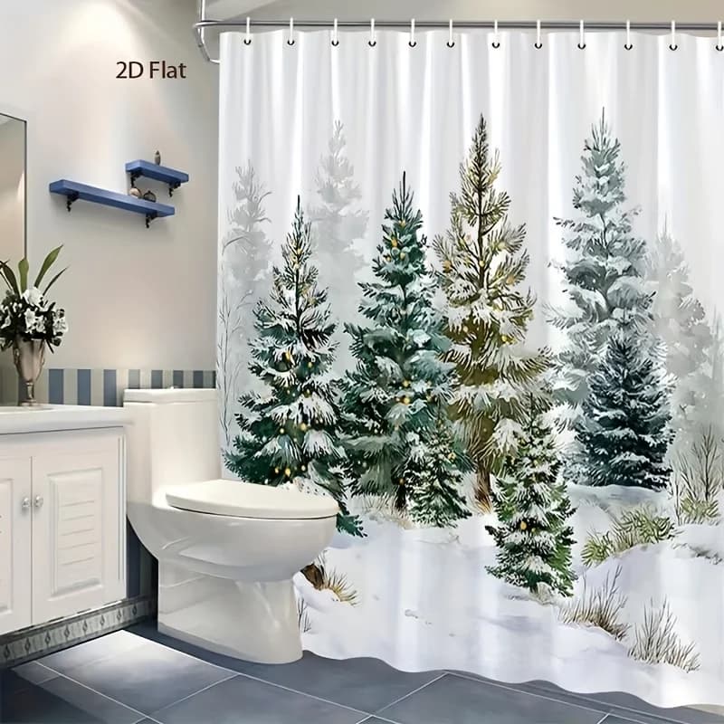 Tenda da doccia con albero di pino invernale – Evergreen coperti di neve, scena natalizia in acquerello, 12 ganci, lavabile in lavatrice, decorazioni festive