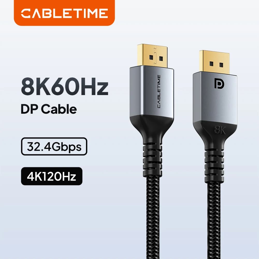 CABLETIME DisplayPort 1.4 8K Video DP to DP for PC, Gaming Monitor, 8K@60Hz 120Hz projector, HDMI 4K cable