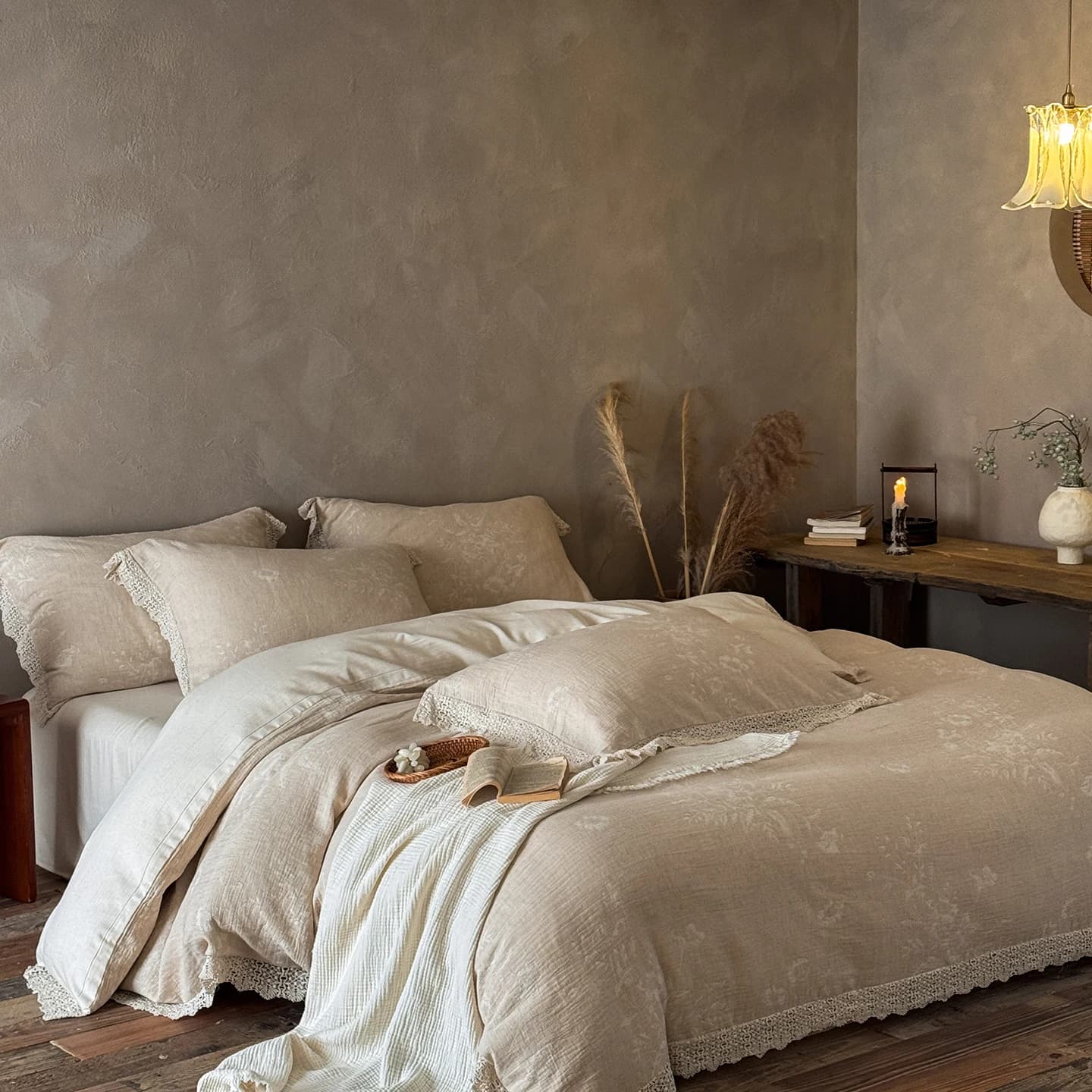 Set Biancheria da Letto Vintage in Pizzo Jacquard, Copripiumino in Lino e Cotone Naturale, Lenzuolo Piatto/Con Angoli, Federe, 4 Pezzi, Misure Matrimoniale, Queen, King