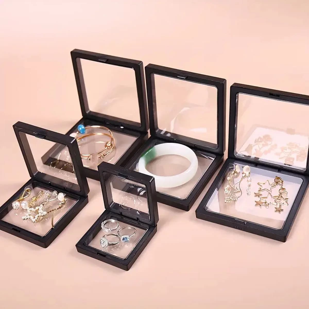 10 pezzi, espositore galleggiante trasparente, scatola per imballaggio di gioielli in film plastico, gioielli, collane, anelli, monete, insetti essiccati