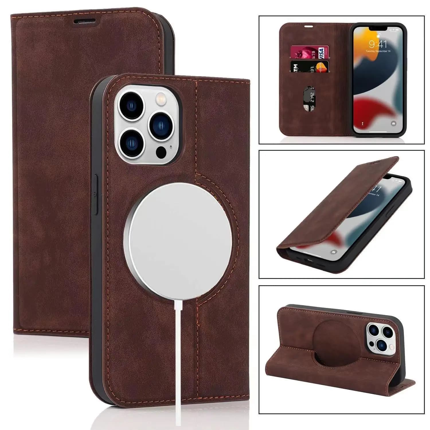 Per Magsafe Portafoglio Custodia in pelle Flip per iPhone 14 13 12 15 16 17 Pro Max 12 13 mini Libro di ricarica wireless magnetico Folio Cover