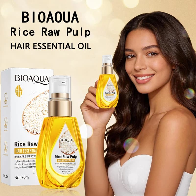 Olio essenziale per la cura dei capelli a base di purea di riso, balsamo levigante e riparatore, utilizzato per migliorare i capelli crespi, danneggiati, con doppie punte e secchi.