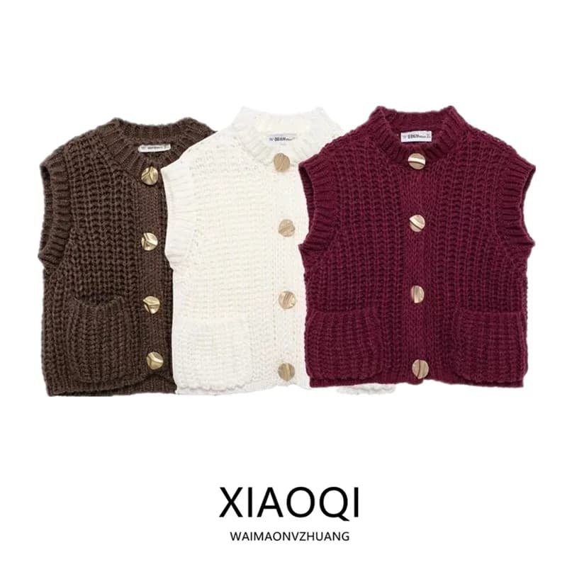 Nuovo Cardigan Corto da Donna in Maglia a Collo Tondo, Lavorazione a Maglia Grossa, Versatile, Stile Casual, Autunno Inverno 2024