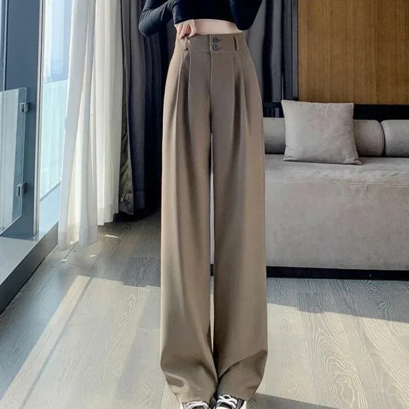 Pantaloni eleganti a gamba larga da donna stile coreano a vita alta pantaloni larghi neri pantaloni da ufficio larghi da donna streetwear