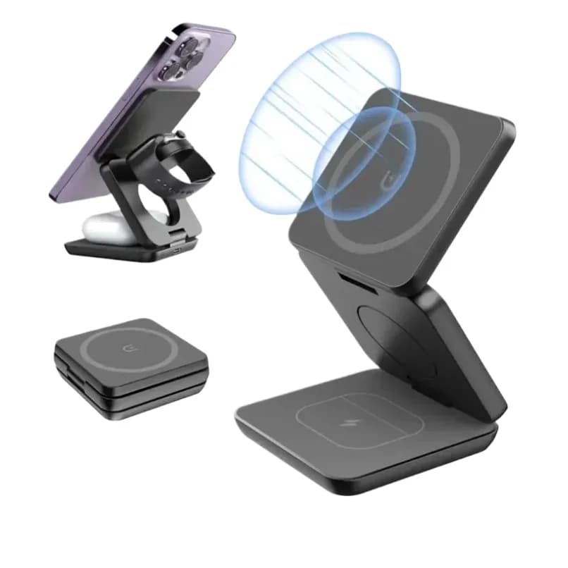 Caricatore Wireless Magnetico Pieghevole 3 in 1 per iPhone 17 16 15 Compatibile con MagSafe, Apple Watch e AirPods Pro 2, Forte Magnetismo