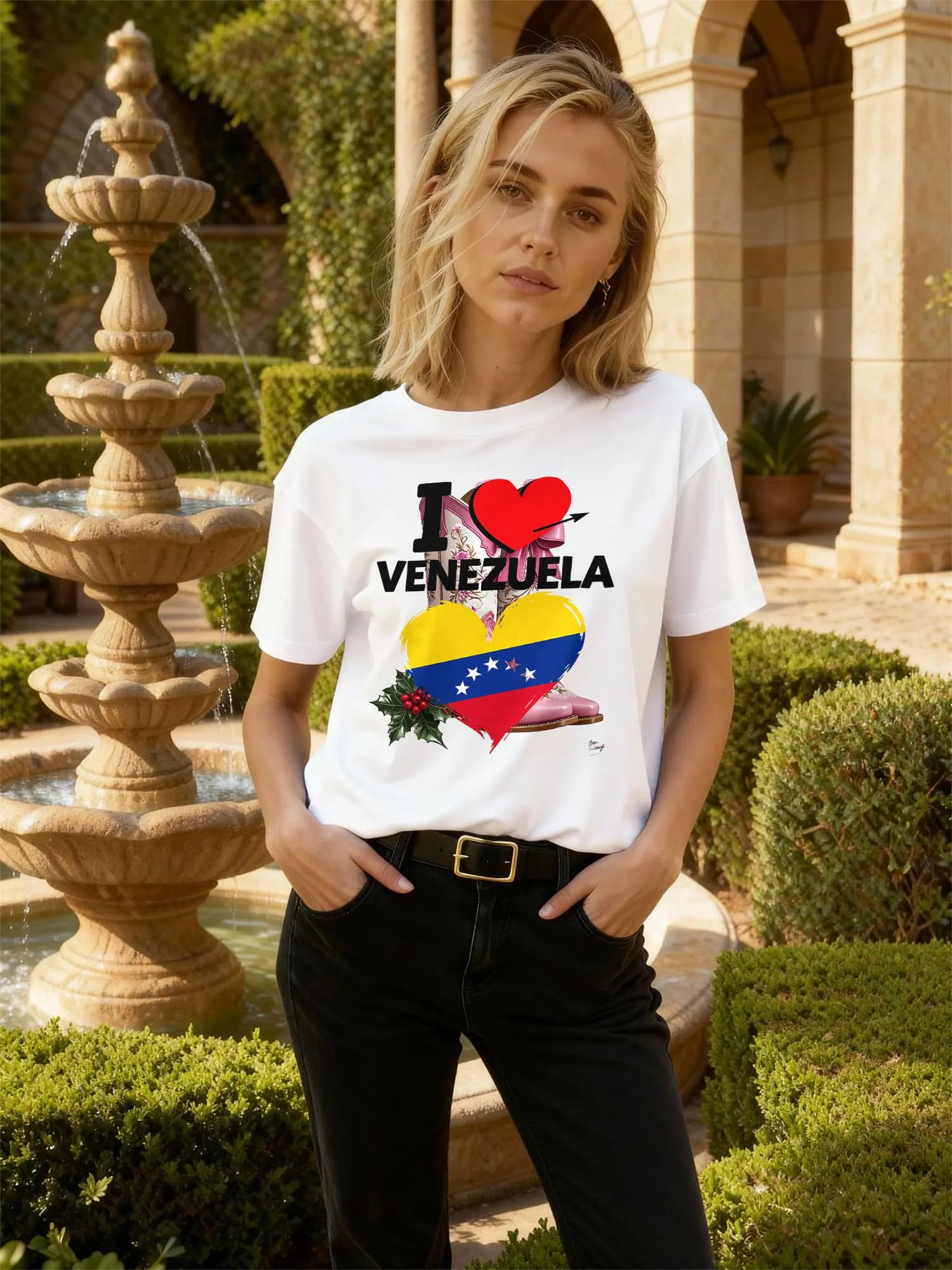 T-Shirt Girocollo Bianca con Stampa Bandiera del Cuore 'I Love Venezuela' per Donna, Abbigliamento Casual Quotidiano