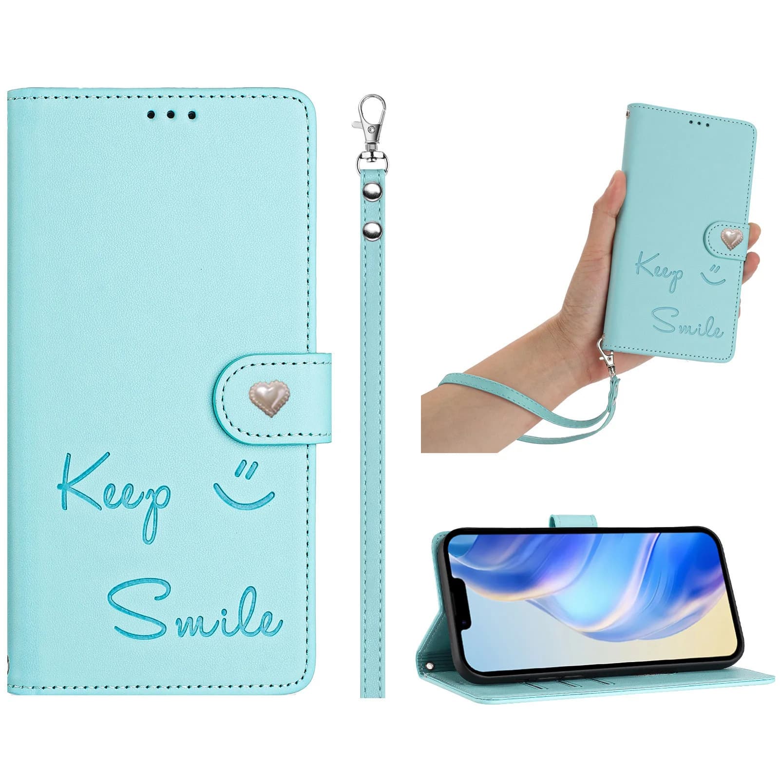 Custodia a Libro con Tracolla e Laccetto in Pelle con 3 Scomparti per Carte, Design Faccina Sorridente, per ZTE Blade V70 Pro V60 V50 Vite V40S