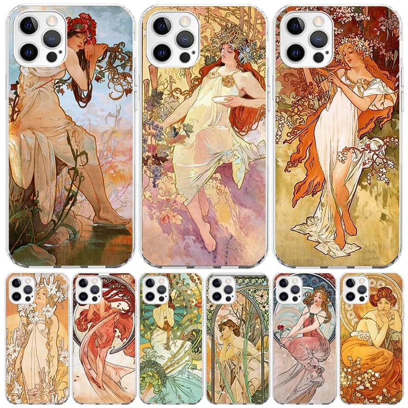 Alfons Mucha Primavera Custodia Cover per telefono per Apple iPhone 16 15 14 13 12 Mini 11 Pro Max 16E X XS XR 7 Plus 8 + SE 2020 Trend Fun