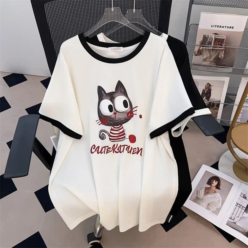 170Kg Plus Size Busto da donna 170 Estate Allentato Girocollo Manica corta Gatto T-shirt stampata Nero Bianco 4XL 5XL 6XL 7XL 8XL 9XL
