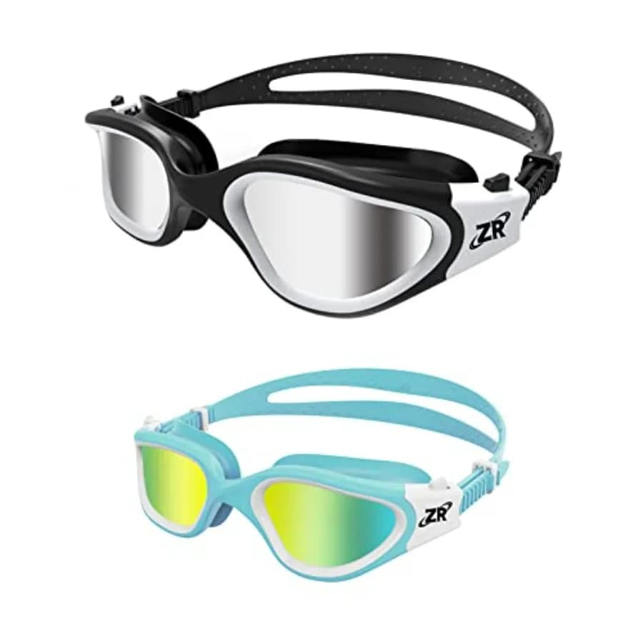 and adult polarized swim goggles for water sports, polycarbonate lens, black frame, UV protection and anti-fog coating