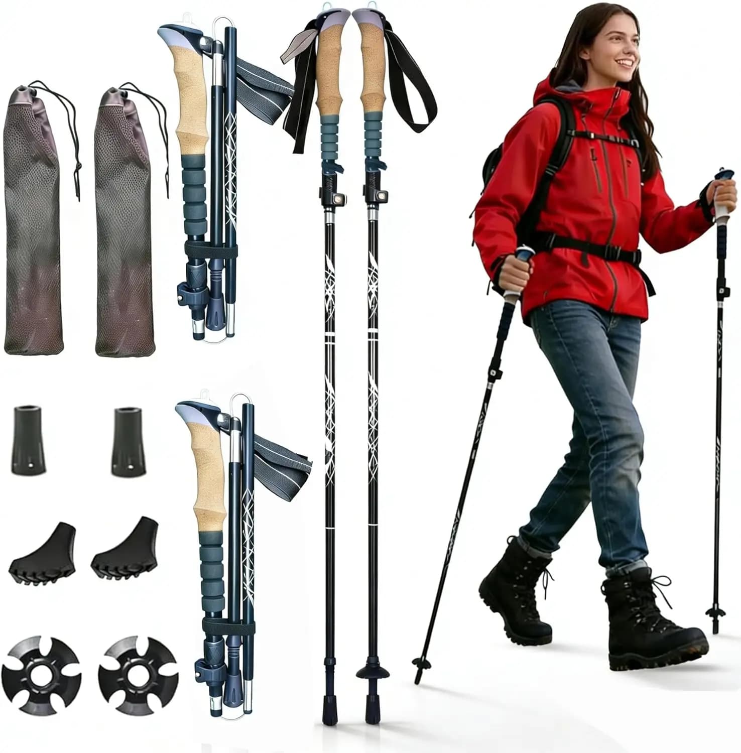 Bastoncini da Trekking Pieghevoli – Bastoni da Escursionismo Ultraleggeri per Donne, Compatti da 14 Pollici, Filettatura da 1/4 di Pollice, Impugnatura in Sughero