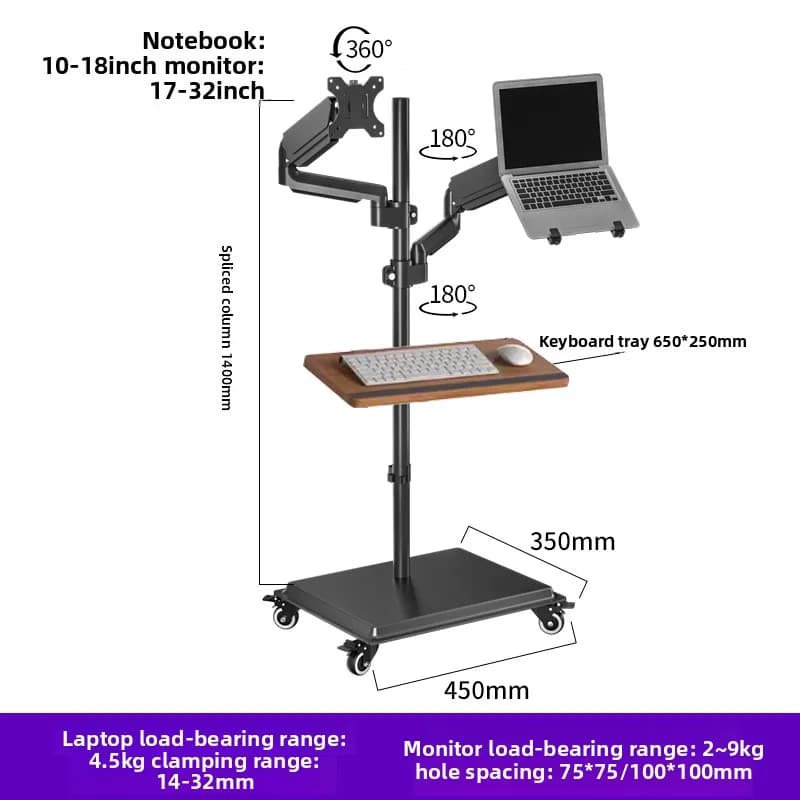 Supporto Regolabile per Scrivania Mobile con Braccio Ergonomico per Monitor e Vassoio per Tastiera