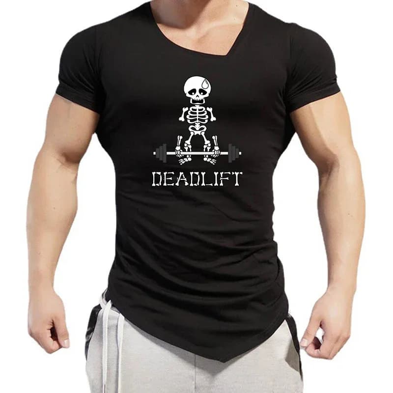 T-shirt a maniche corte con scollo a V obliquo da uomo T-shirt da palestra Bodybuilding Fitness Camicia sportiva slim fit T-shirt con orlo irregolare traspirante in cotone