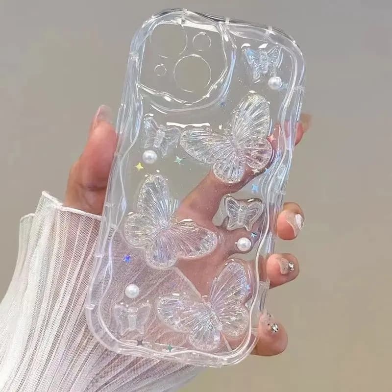 Custodia trasparente con glitter in cristallo con farfalla 3D per iPhone 16 15 14 13 12 11 Pro Max Plus XR XS Max Shining Star Pearl Wave Cover