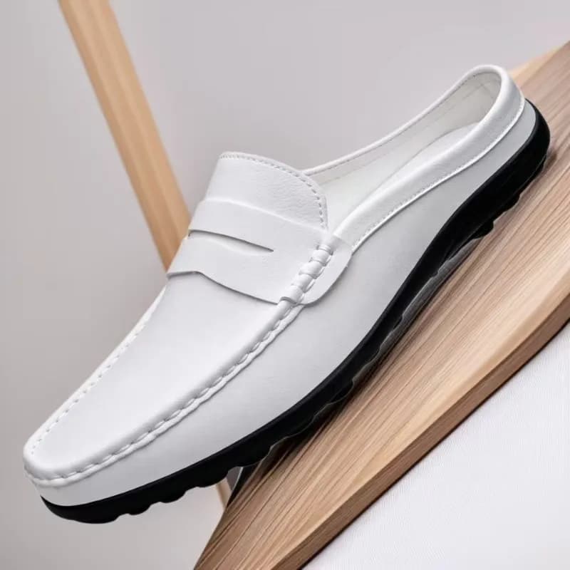 Men Closed Toe Half Slippers, Hollow Leather Driving Shoes, Breathable Slip On Loafers, Light Anti-slip Mule Casual Footwear