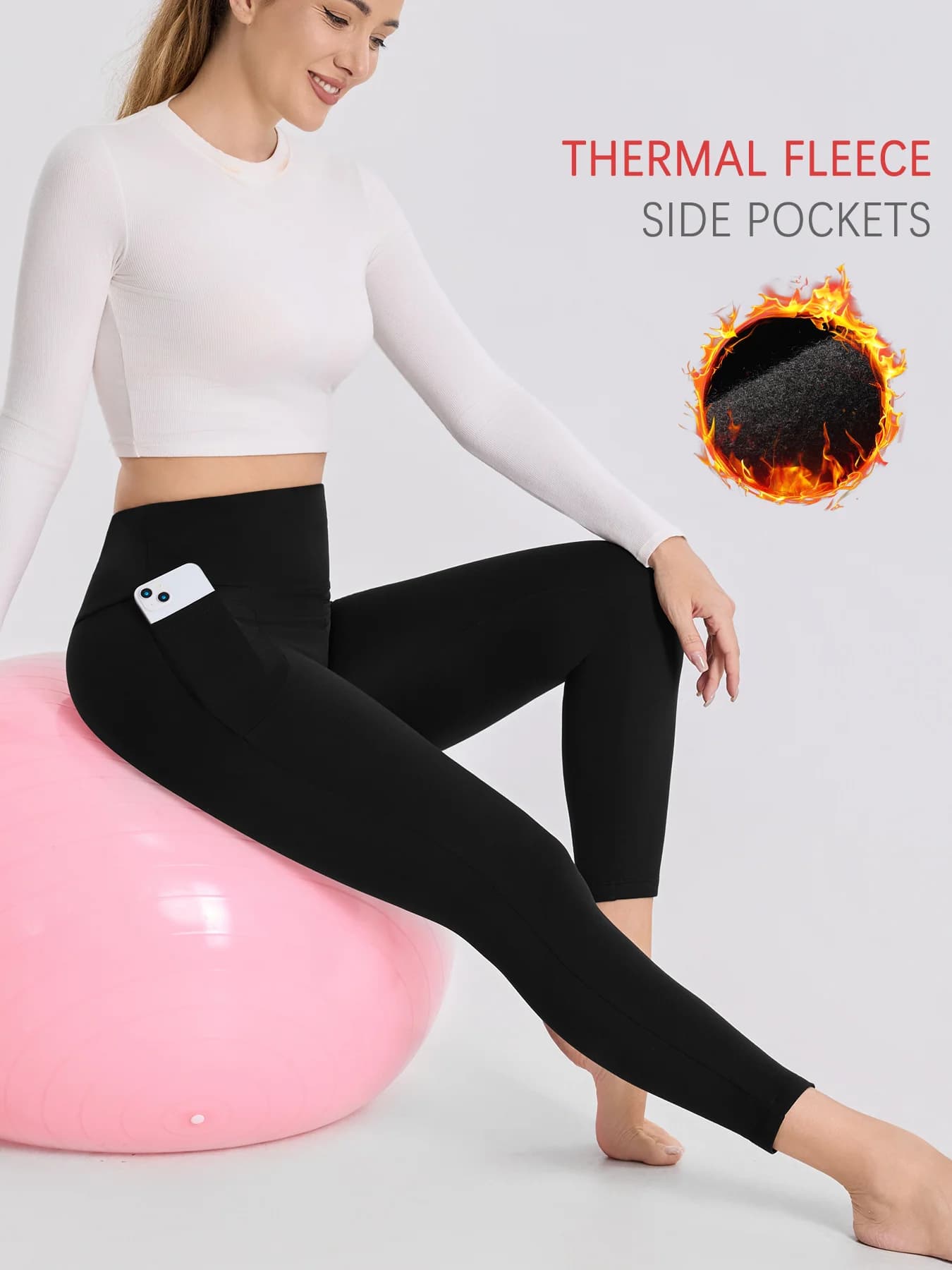 Leggings foderati in pile termico da donna con tasche, pantaloni collant spessi caldi invernali per il controllo della pancia a vita alta