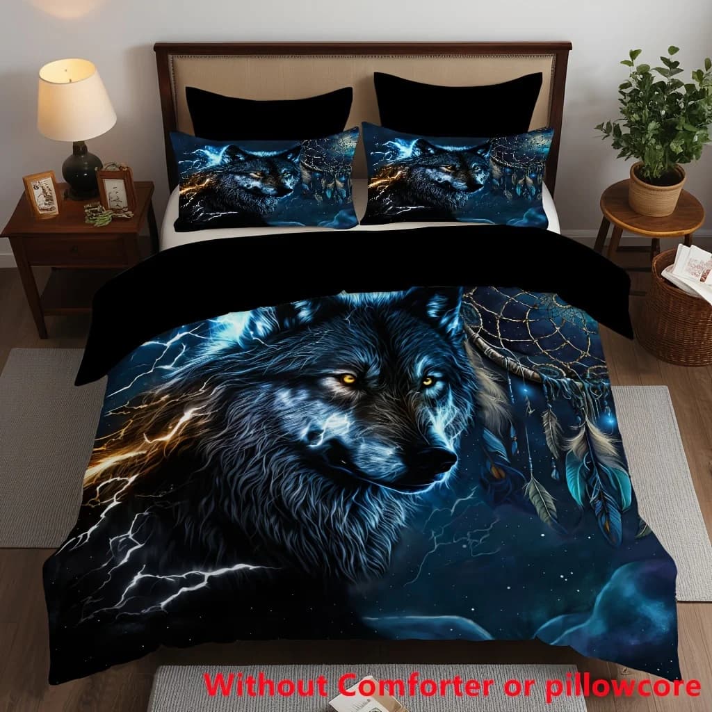 3pcs 3D Wolf Animal Dreamcatcher Printed Duvet Cover Set Cool Visual Queen Bedding Sets No Filling For Boys Teen Bedroom Decor
