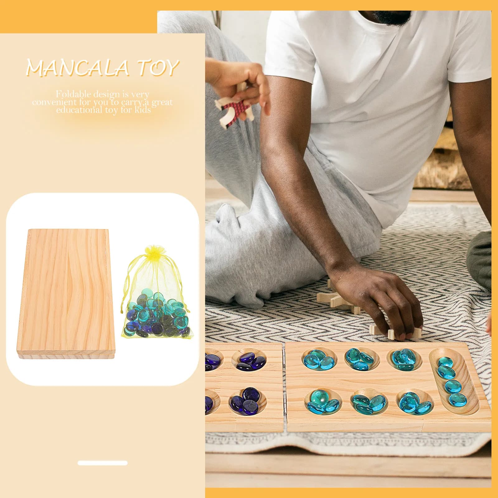 Set da Gioco Mancala Pieghevole in Legno con Pietre Preziose, Gioco da Tavolo per Famiglie e Feste, Gioco Portatile per Allenamento Logico