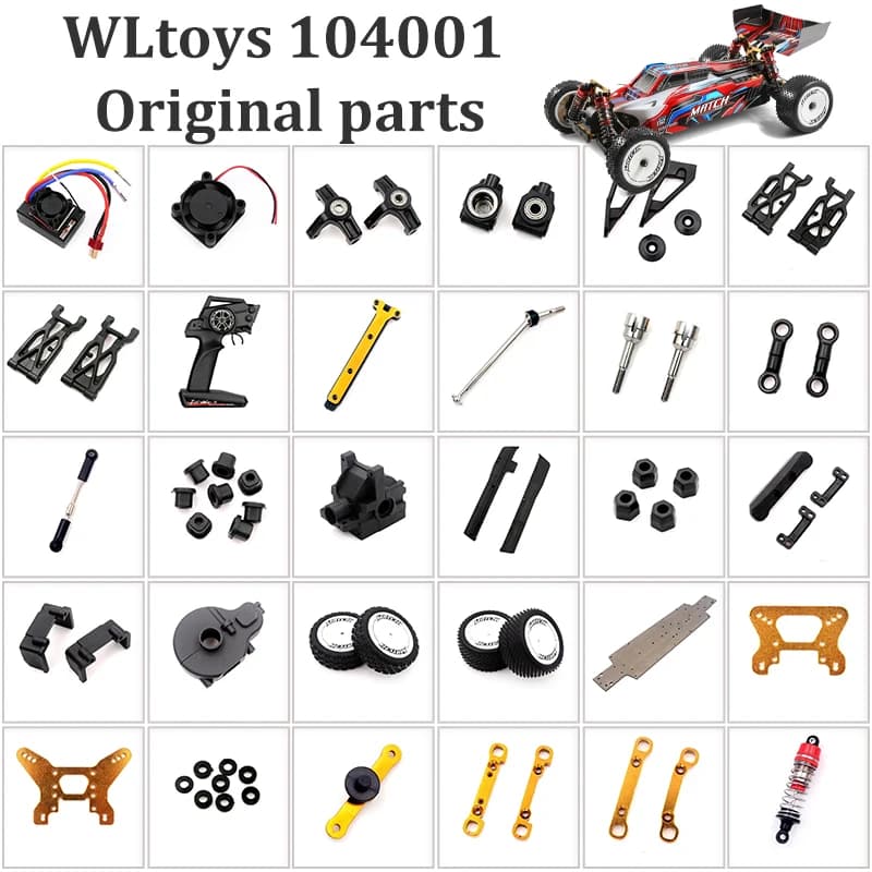 Wltoys 104001 1/10 4WD Ricambi Originali: Braccio Oscillante, Sedile Sterzo, Tirante, Pneumatico, Albero di Trasmissione, Coperchio Scatola Onde, Ammortizzatore per Auto RC