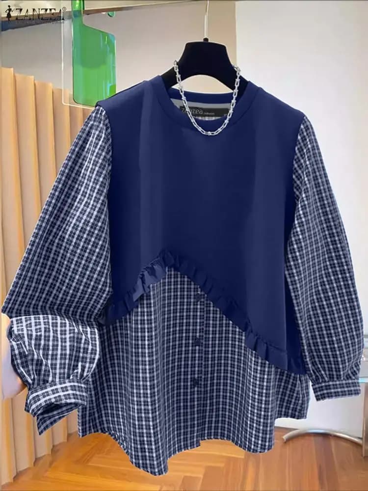 ZANZEA Moda Autunno Camicetta Donna Plaid Patchwork Top Casual O Collo Camicette a maniche lunghe Pullover allentato Elegante camicia da lavoro 2025