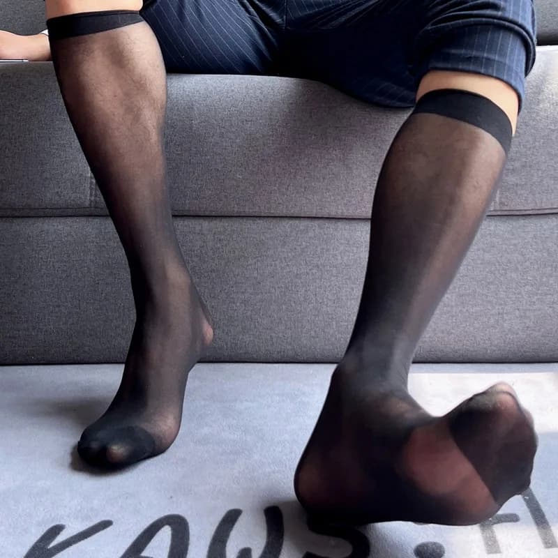 Men's Thin Nylon Socks Sexy Dress Tube Business Sheer Exotic Formal Silk Sock Suit Transparent See Through Dress Wear