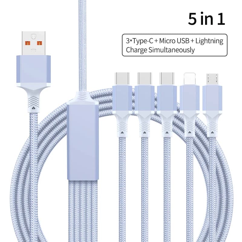Cavo di ricarica multiplo Adattatore per cavo di ricarica rapido USB intrecciato in nylon 5 in 1 Micro porta di tipo C compatibile con il telefono cellulare